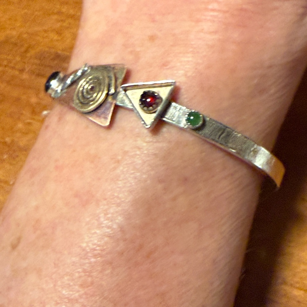 Vintage Modernist Sterling Silver w/Copper accent and Gemstone Bracelet signed
